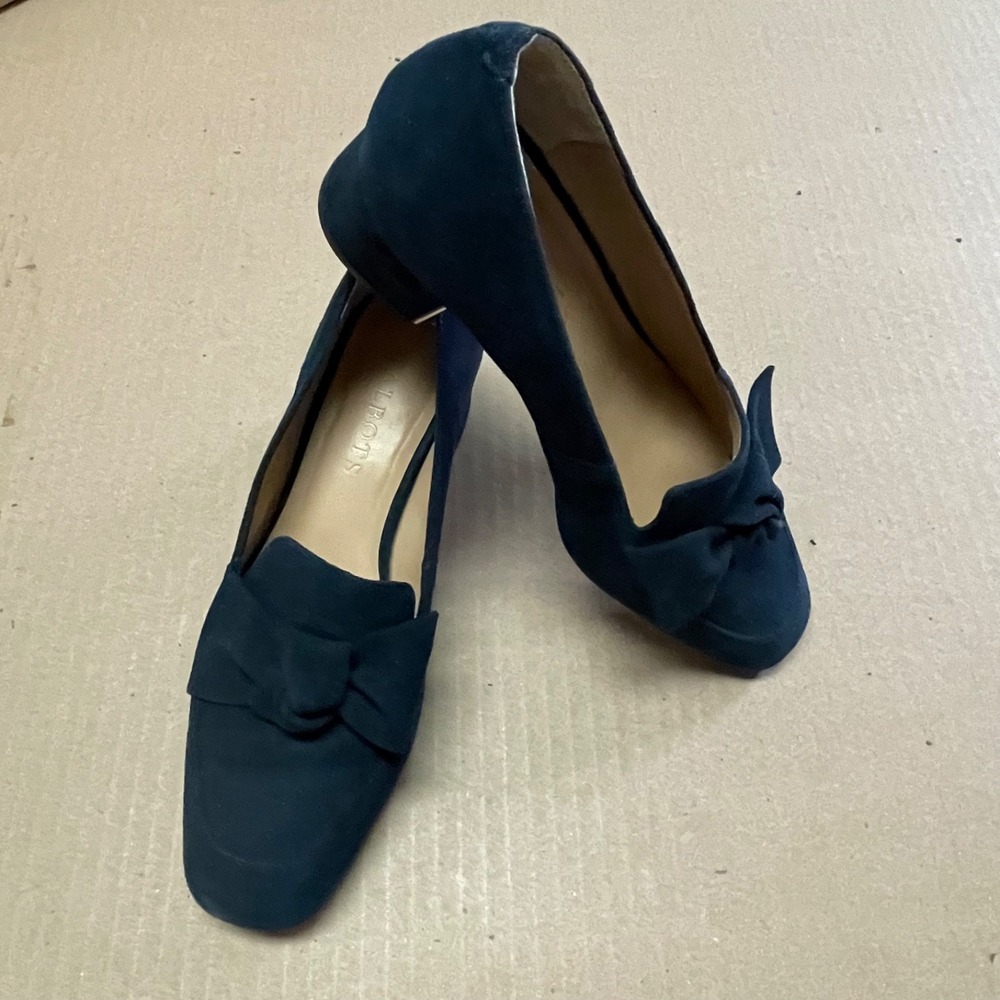 Talbots Women's Size‎ 5 Jane Bow Navy Suede Block Heel Pump Mirrored Heel